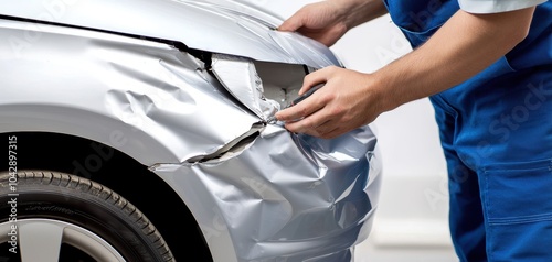 Mechanic in blue overalls repairing a dented car panel, focusing intently, capturing the precision and craftsmanship of auto body repair