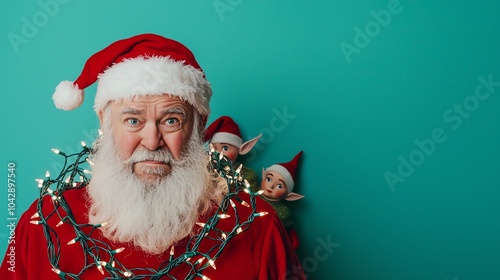 Santa holding up a tangled string of Christmas lights, giving a deadpan stare of frustration, while an elf hides in the background photo