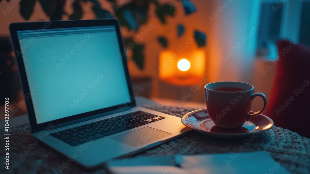 A cozy home office with a laptop, notebook, and cup of tea on the desk, with soft lighting