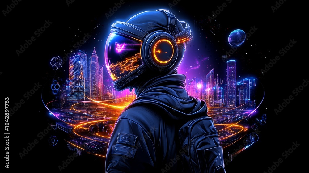 Futuristic Explorer in Neon Cityscape Futuristic Explorer in Neon Cityscape