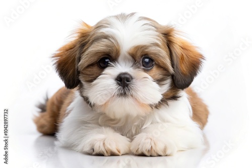 Cute Shih Tzu puppy lying down on a white background