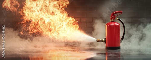 Red fire extinguisher in action against stove flames, a vivid scene of swift response and emergency control during a kitchen mishap