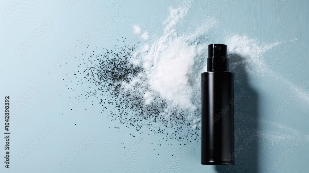 Black spray bottle with spilled powder on light blue surface. Flat lay composition of cosmetic or skincare product packaging in a minimalistic and clean layout Black spray bottle with spilled powder on light blue surface. Flat lay composition of cosmetic or skincare product packaging in a minimalistic and clean layout