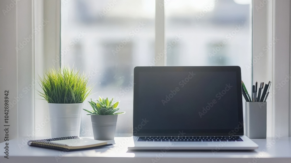 A minimalist workspace featuring a laptop, notebook A minimalist workspace featuring a laptop, notebook