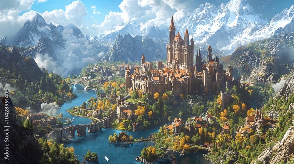 Fototapeta premium Majestic castle surrounded by mountains and river
