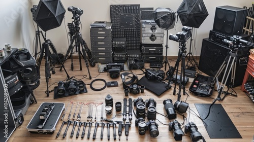 Collection of professional video and camera equipment in a studio setting with lighting gear and accessories. Indoor workspace filled with tripods, lenses, and cameras