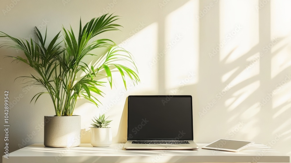 A minimalist workspace with a laptop, tablet, and a potted plant A minimalist workspace with a laptop, tablet, and a potted plant