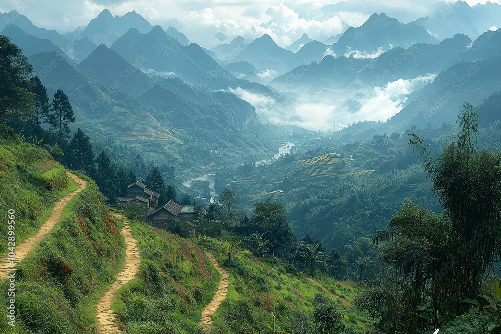 Fototapeta premium Winding Path Through Misty Mountain Valley with Terraced Rice Fields