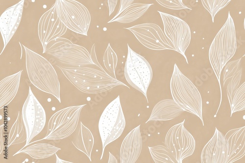 Seamless beige vector pattern with white droplets and monochrome abstract floral motifs, elegant monotone background design for digital and print use