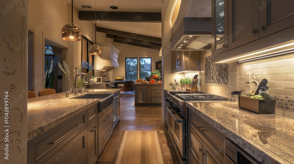 Modern kitchen with under-cabinet lighting and a marble countertop. Wooden cutting boards and decorative items are neatly arranged along the backsplash Modern kitchen with under-cabinet lighting and a marble countertop. Wooden cutting boards and decorative items are neatly arranged along the backsplash