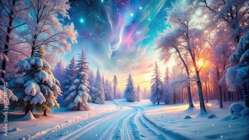 Dreamy Winter Wonderland with Surreal Ski Tracks in Enchanted Snow, Ethereal Landscapes, Whimsical Nature, Frosty Forests, Mystical Paths, and Otherworldly Snow Trails photo