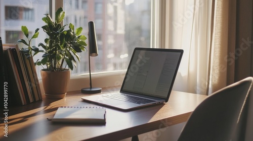 Wallpaper Mural A minimalist workspace with a sleek desk, laptop, notebook Torontodigital.ca