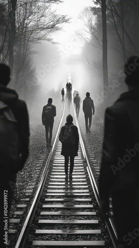 Monochrome Journey: Silhouetted Figures Walking along Railroad Tracks in Misty Atmosphere photo