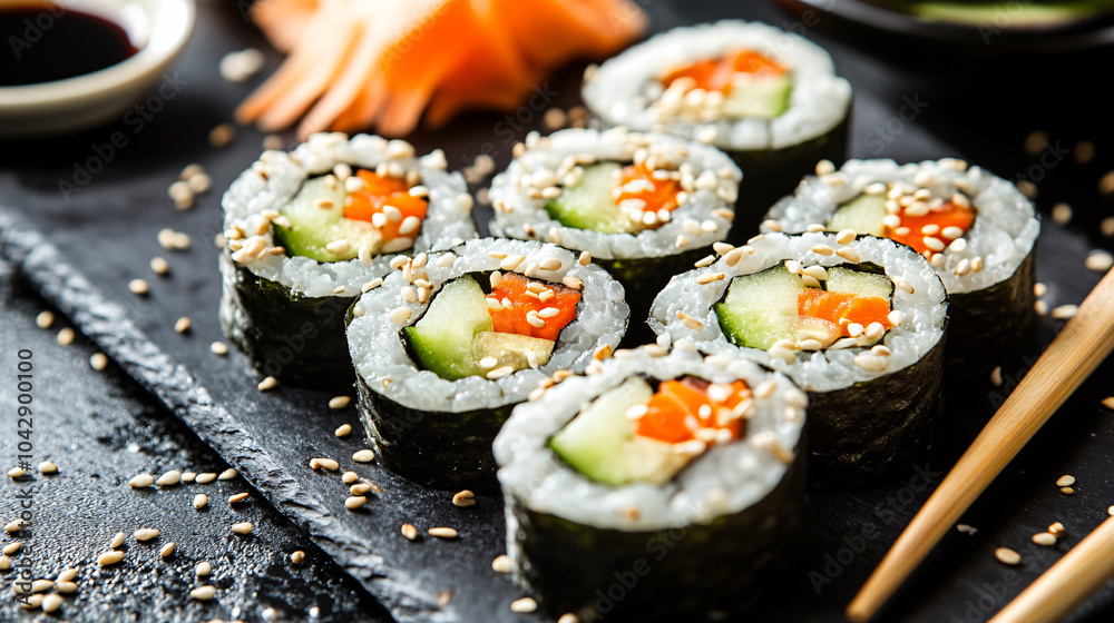 Close Up of Delicious Sushi Rolls with Cucumber, Carrot and Sesame Seeds Close Up of Delicious Sushi Rolls with Cucumber, Carrot and Sesame Seeds
