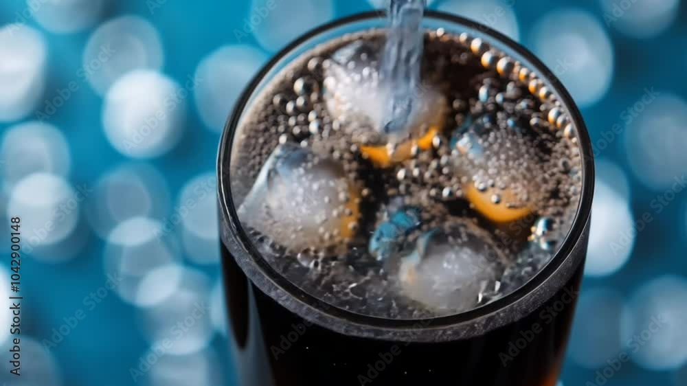 Pouring cola over ice cubes with fizzy bubbles in glass. Carbonated drink concept