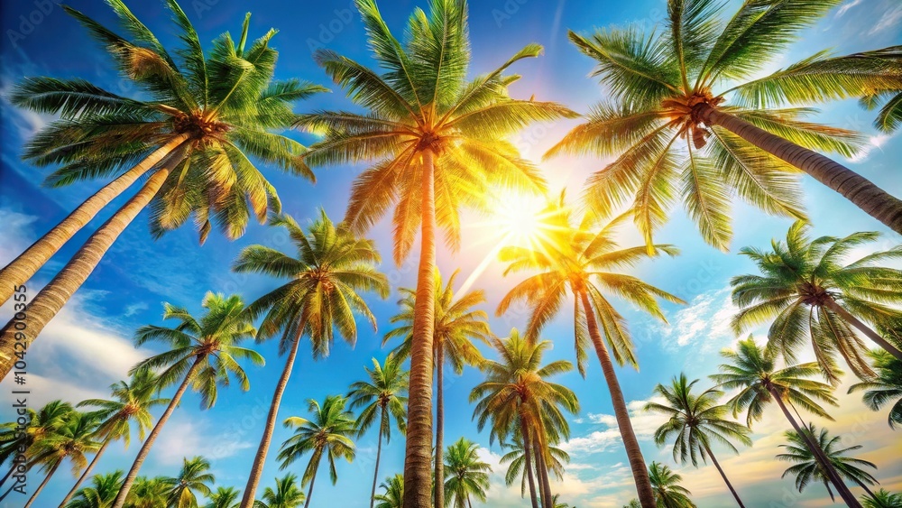 Low angle shot of sun shining through palm trees Low angle shot of sun shining through palm trees