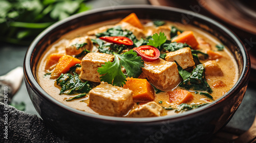 Closeup of Creamy Curry with Tofu, Sweet Potato, and Spinach in a Bowl