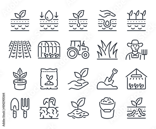 Soil ground and gardening editable stroke outline icons set isolated on white background flat vector illustration. Pixel perfect. 64 x 64	