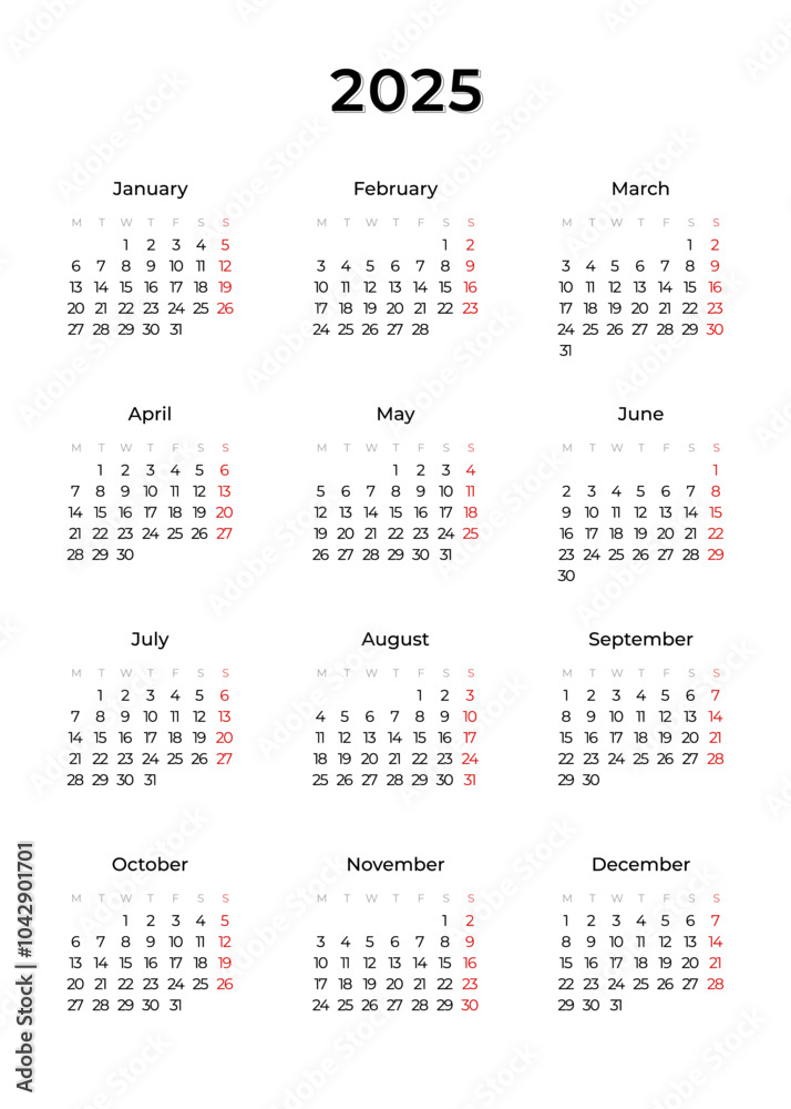 Vertical annual calendar template for 2025 year. Week Starts on Monday. Business calendar in a minimalist style for 2025 year. Vector Vertical annual calendar template for 2025 year. Week Starts on Monday. Business calendar in a minimalist style for 2025 year. Vector