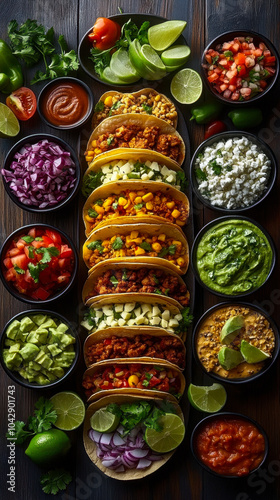 Vibrant Mexican Taco Feast Display with Diverse Toppings and Authentic Cuisine Appeal photo