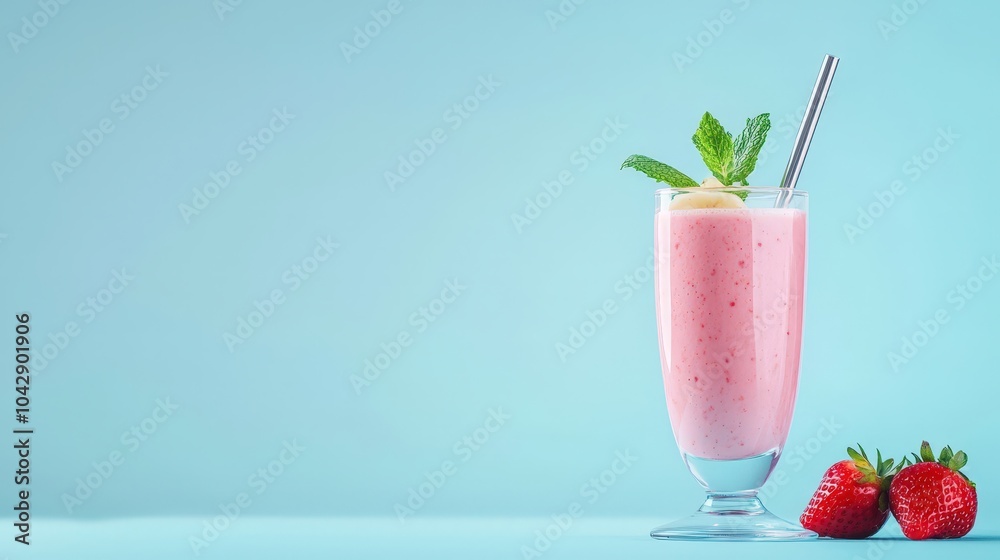 A glass of pink strawberry smoothie with a green leaf on top A glass of pink strawberry smoothie with a green leaf on top