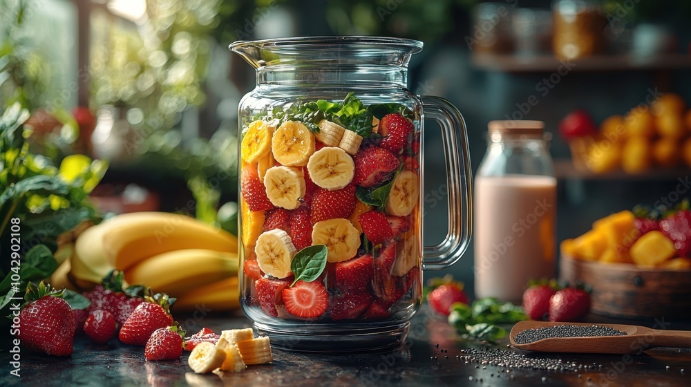Fresh fruit and spinach smoothie preparation with strawberries and bananas Fresh fruit and spinach smoothie preparation with strawberries and bananas