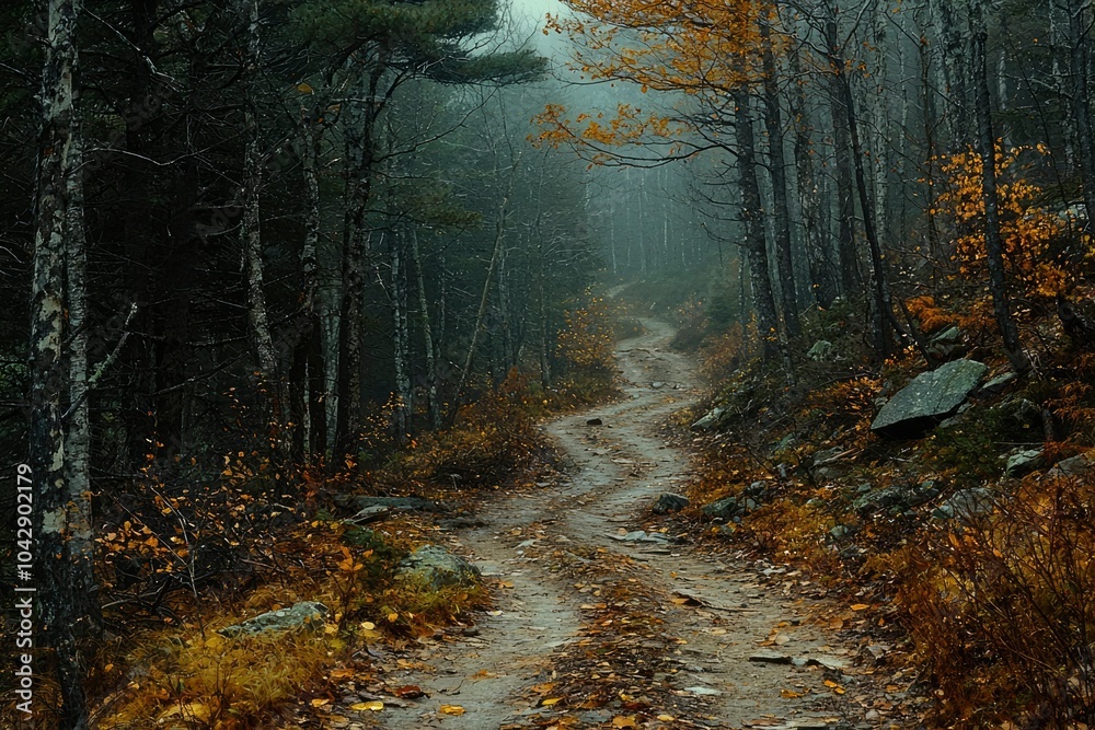 Obraz premium Winding Path Through Foggy Autumn Forest
