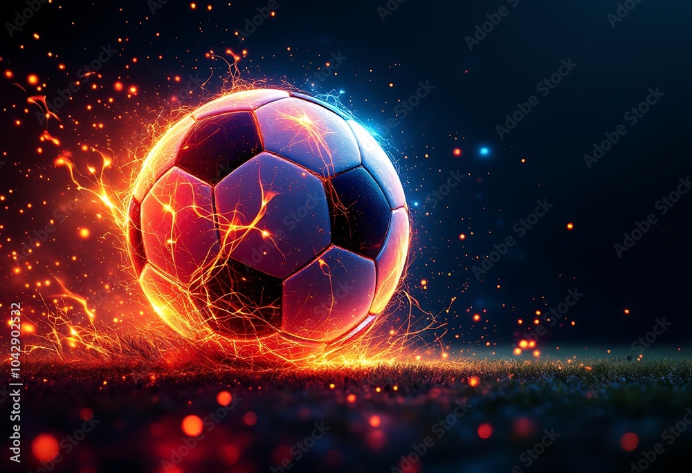 Fototapeta premium Illustration of the soccer ball enveloped in flames of fire isolated on black background. 
