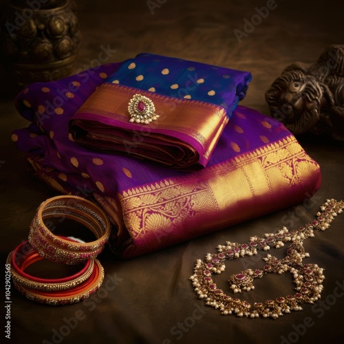 Indian Silk Saree with Gold Embroidered Border