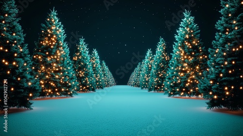 Snowcovered trees with green Christmas lights twinkling softly, dusk, wideangle, peaceful photo