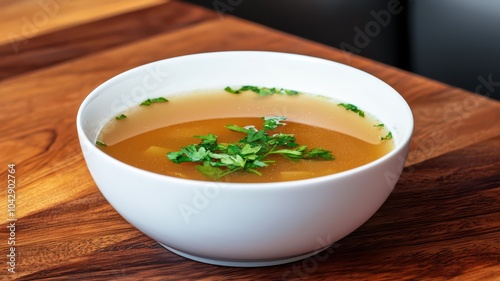 Light vegetable broth delicately seasoned and garnished with fresh organic herbs for a flavorful, healthy dish.