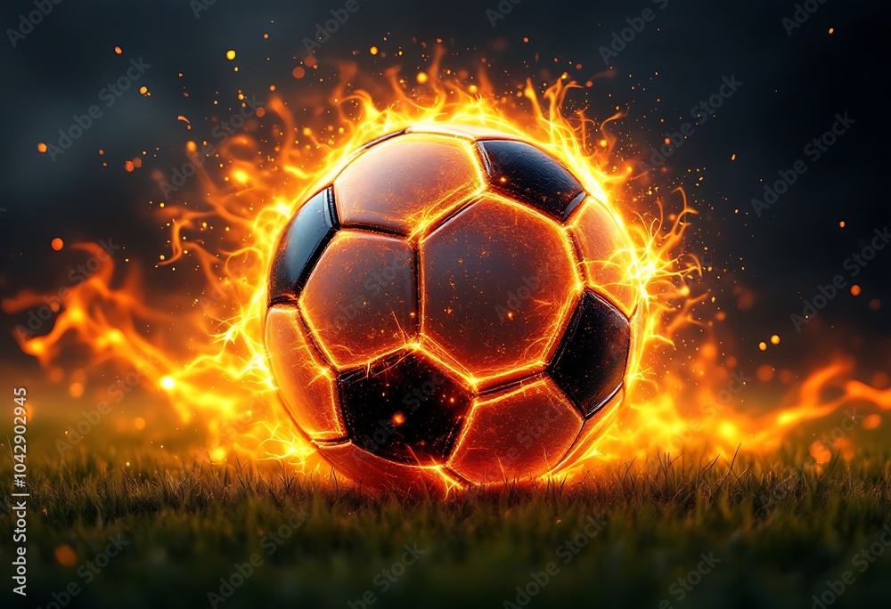 Fototapeta premium Illustration of the soccer ball enveloped in flames of fire isolated on black background. 