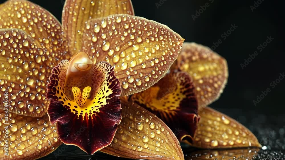 A brown orchid covered in water droplets rests on a black surface A brown orchid covered in water droplets rests on a black surface