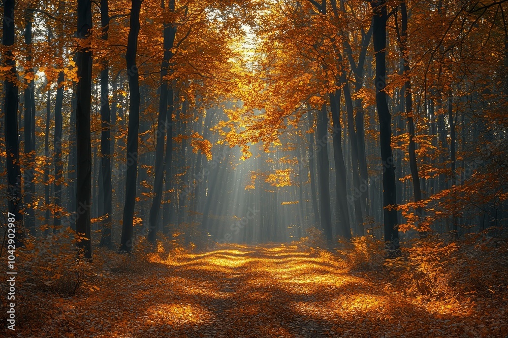 Fototapeta premium Sunbeams Illuminating a Path Through a Misty Autumn Forest
