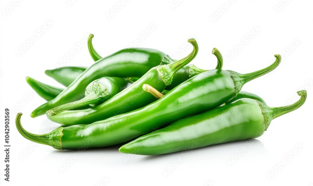 Stack of green chili pepper on white background
