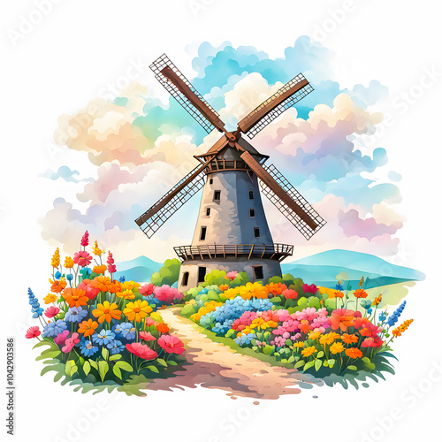 illustration of wind mill surrounded by colorful flowers. photo