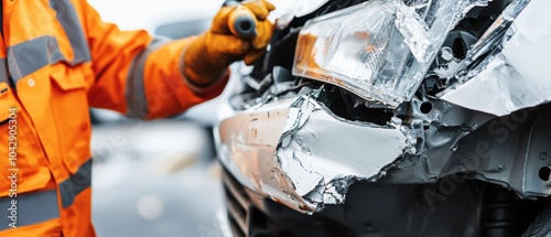 Mechanic repairing a cars smashed side, highlighting the focus and detail required in collision repair and the automotive service industry photo