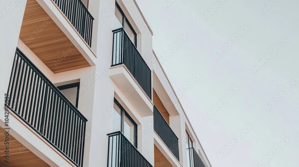 Fototapeta premium Modern apartment facade with sleek black railings and warm wood accents, showcasing minimalist architecture and contemporary urban living