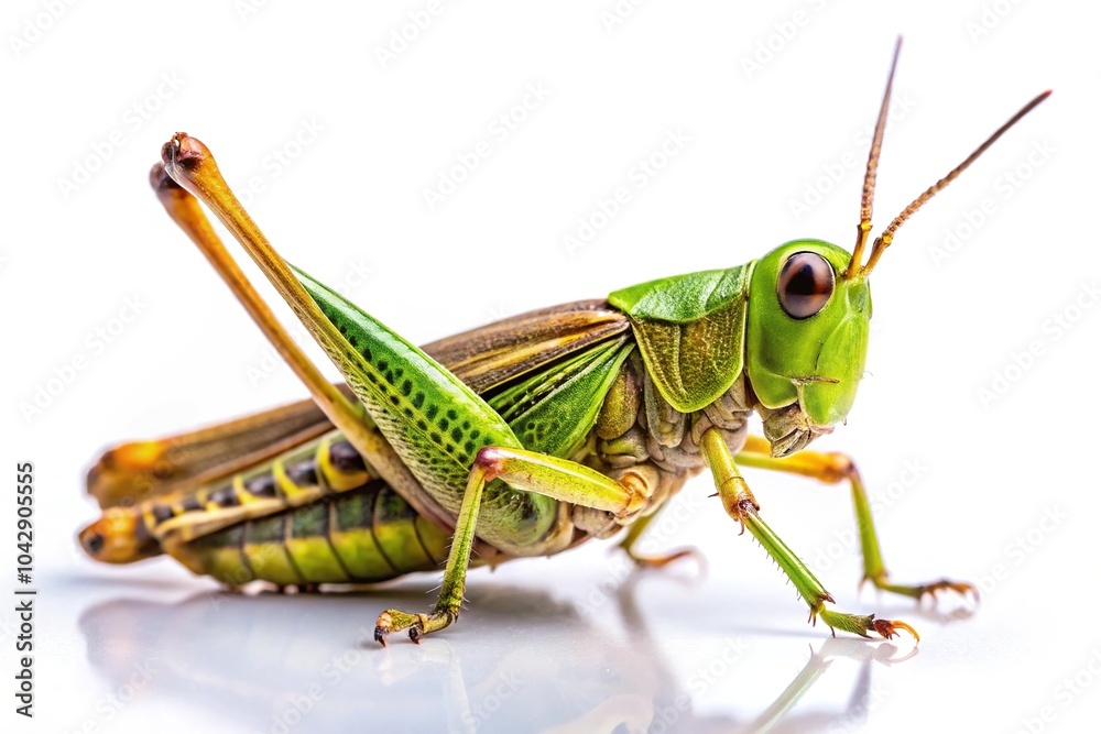 Low angle view of a grasshopper isolated on white background, perfect for leaf hopper photography Low angle view of a grasshopper isolated on white background, perfect for leaf hopper photography