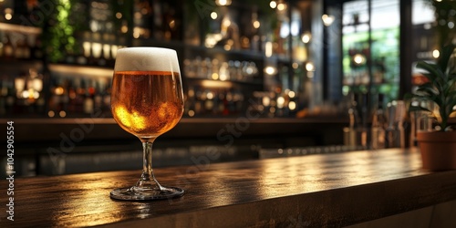 A modern European pub with a sleek design. A glass of beer sits on the bar. This is a computer-generated image.