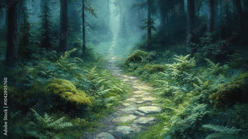 Fototapeta premium Serene forest path surrounded by lush greenery and ferns.