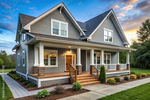 Low angle view of a grey modern farmhouse exterior with vinyl and wood siding and a covered porch