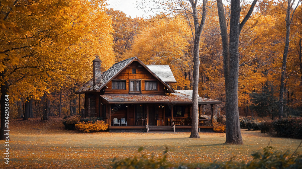 An elegant wooden house surrounded by oak trees, creating a serene atmosphere for Thanksgiving. An elegant wooden house surrounded by oak trees, creating a serene atmosphere for Thanksgiving.