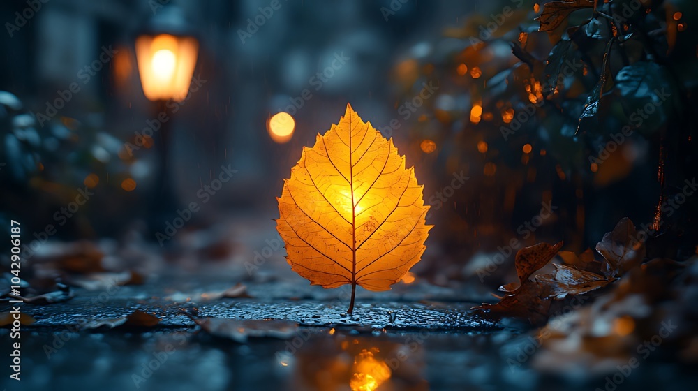 A single, glowing autumn leaf sits in the middle of a path, illuminated by streetlights in the background. A single, glowing autumn leaf sits in the middle of a path, illuminated by streetlights in the background.