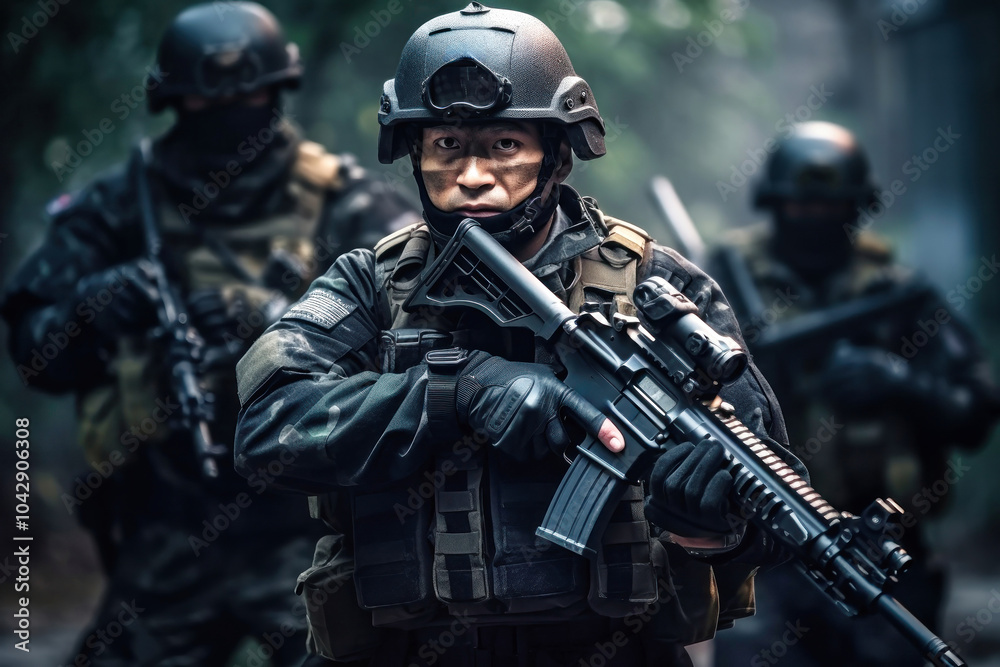 Fototapeta premium Chinese soldier in tactical gear carries an assault rifle during a military training exercise in a wooded area at dawn