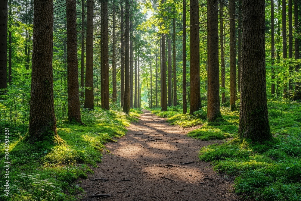 Obraz premium Sunlit Path Through Dense Evergreen Forest