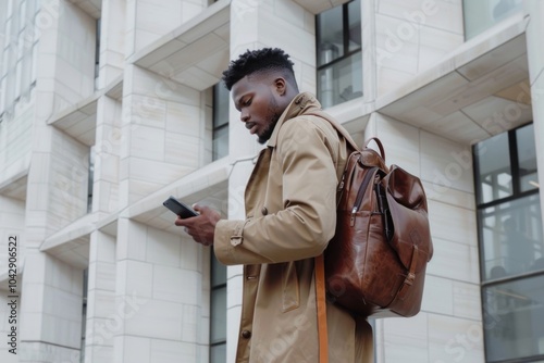 Stylish man with brown backpack checking phone in urban setting. Modern urban lifestyle and connectivity.