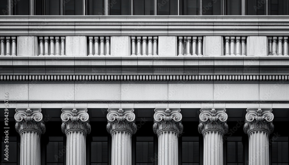 Obraz premium Vintage-style black and white image of a building s exterior with ornate balconies, reflecting the timeless allure of classical craftsmanship