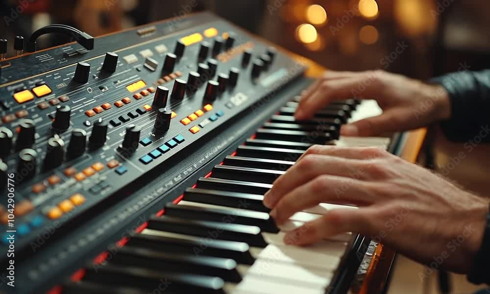 Hands playing a synthesizer keyboard in a cozy setting.