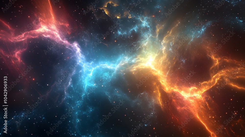 Electrical beams reach out from the being joining the vastness of space and stars Electrical beams reach out from the being joining the vastness of space and stars